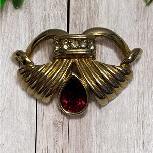 Vintage Piscitelli Gold Tone Ruby Red Teardrop & Clear Crystal Pendant 1-5/8”